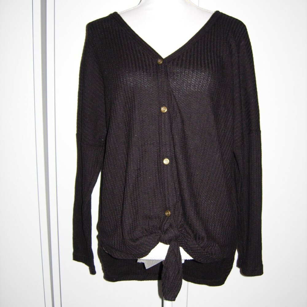 Black Waffle Knit Tie Front Oversized Top M